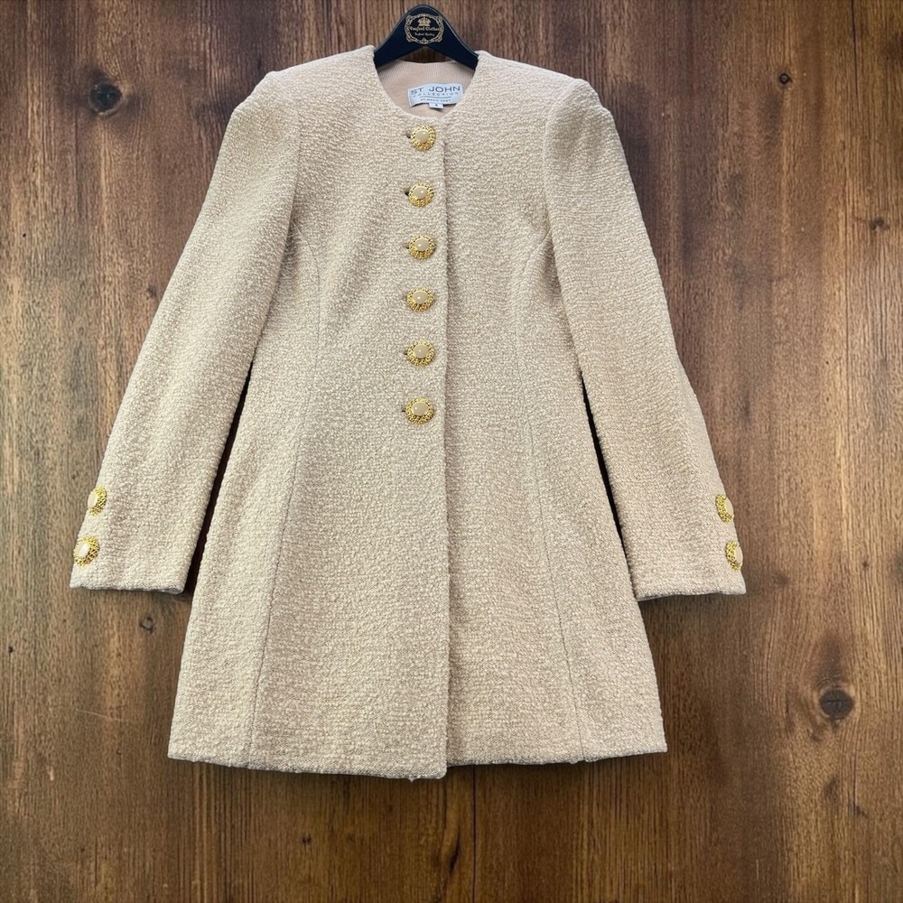St John Collection Marie Gray Santana Knit Skirt Suit Beige Gold Metallic 4 6 - Picture 3 of 16